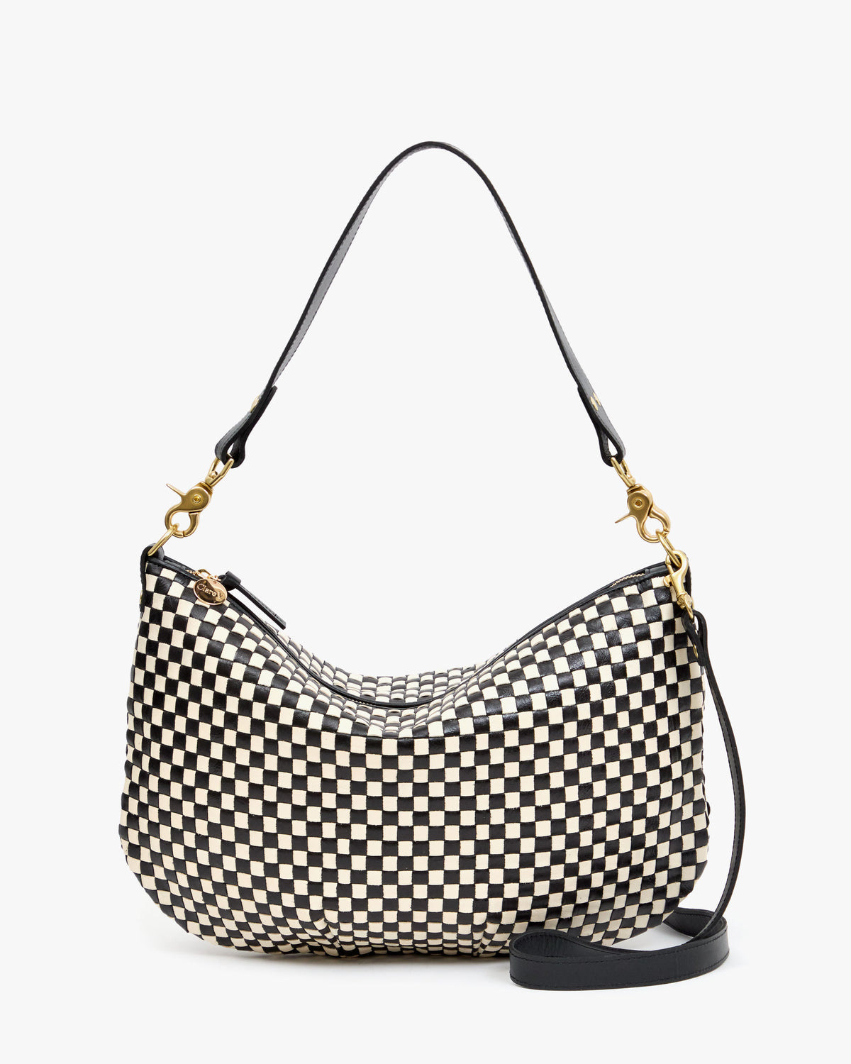 Front View of Moyen Messenger in Black and Cream Woven Checker