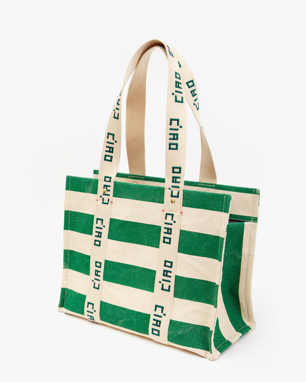 Back View of Noemie Canvas Tote in Palm Green and Natural Stripe