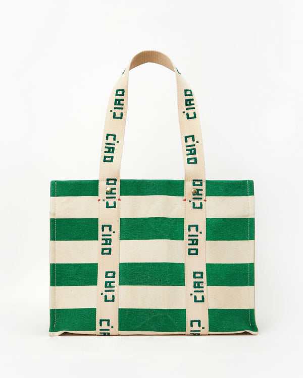 Noemie Canvas Tote in Palm Green and Natural Stripe