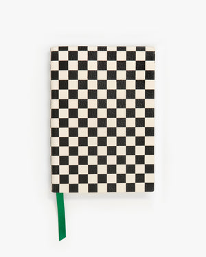 Black/Cream Checkered Notebook with Emerald ribbon bookmark.