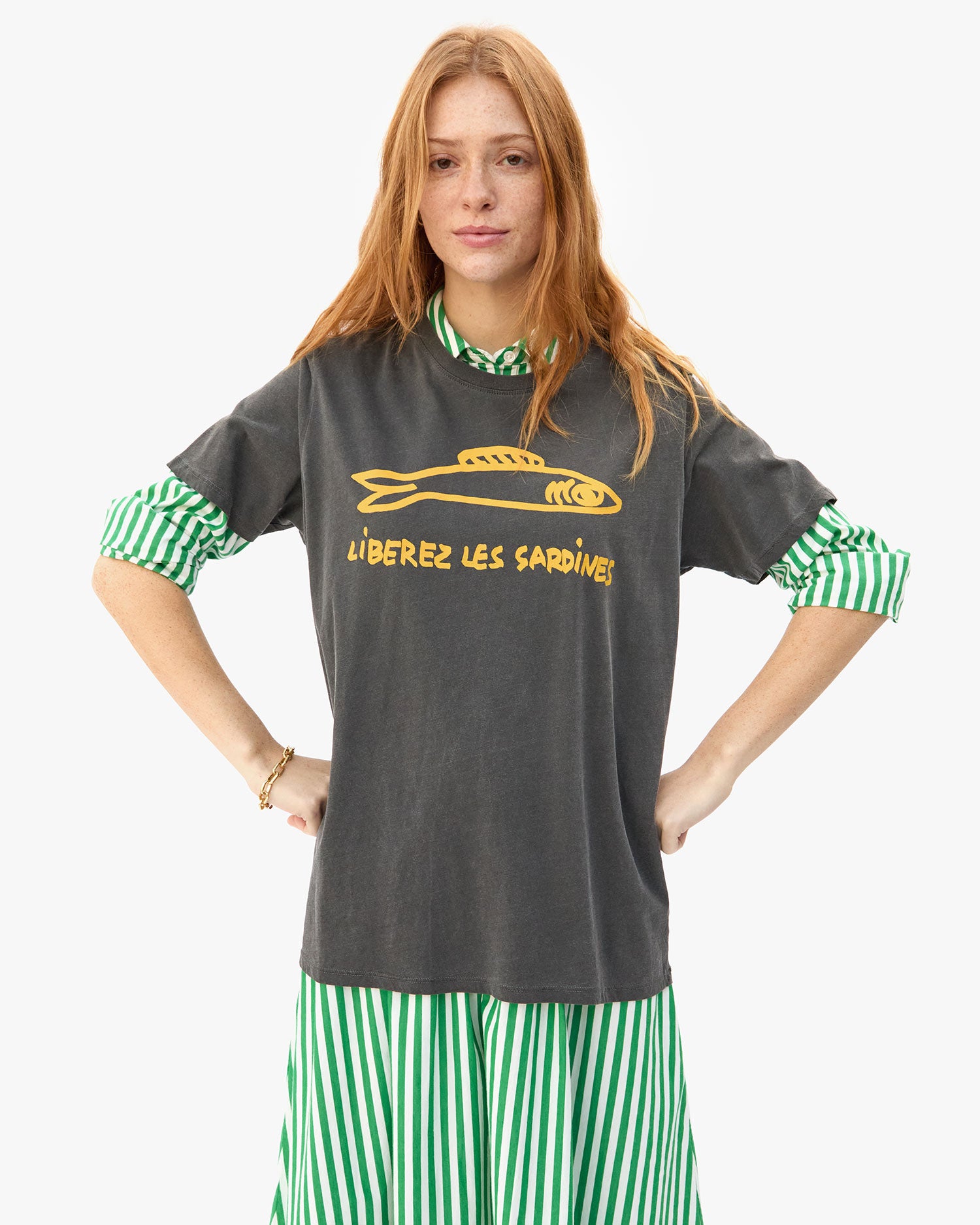 Haley wearing the Faded Black Liberez Les Sardines Original Tee with the zoe skirt