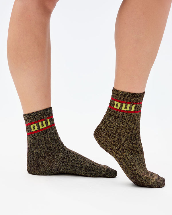 Model wearing Metallic Crew Socks
