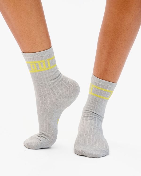Model wearing Metallic Crew Socks