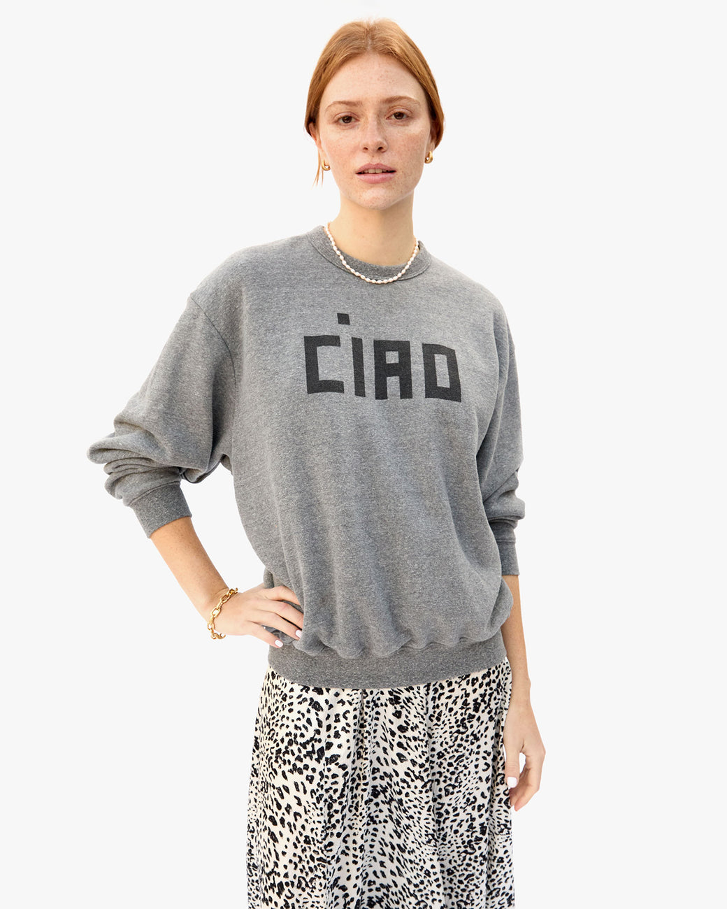 CLARE V. | MADE IN USA MULTI PATTERN PRINT RAGLAN SWEAT SHIRT / NAVY/RED  [USED]