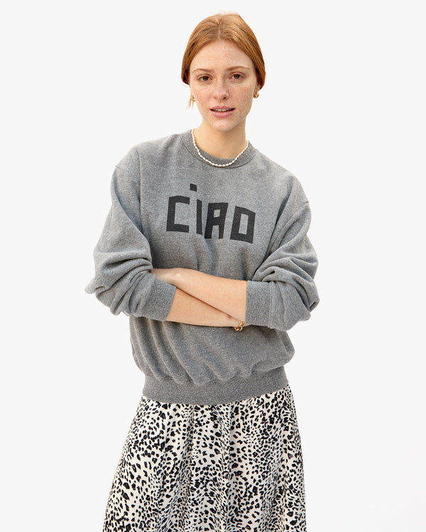 Haley wearing the Grey Ciao Oversized Sweatshirt