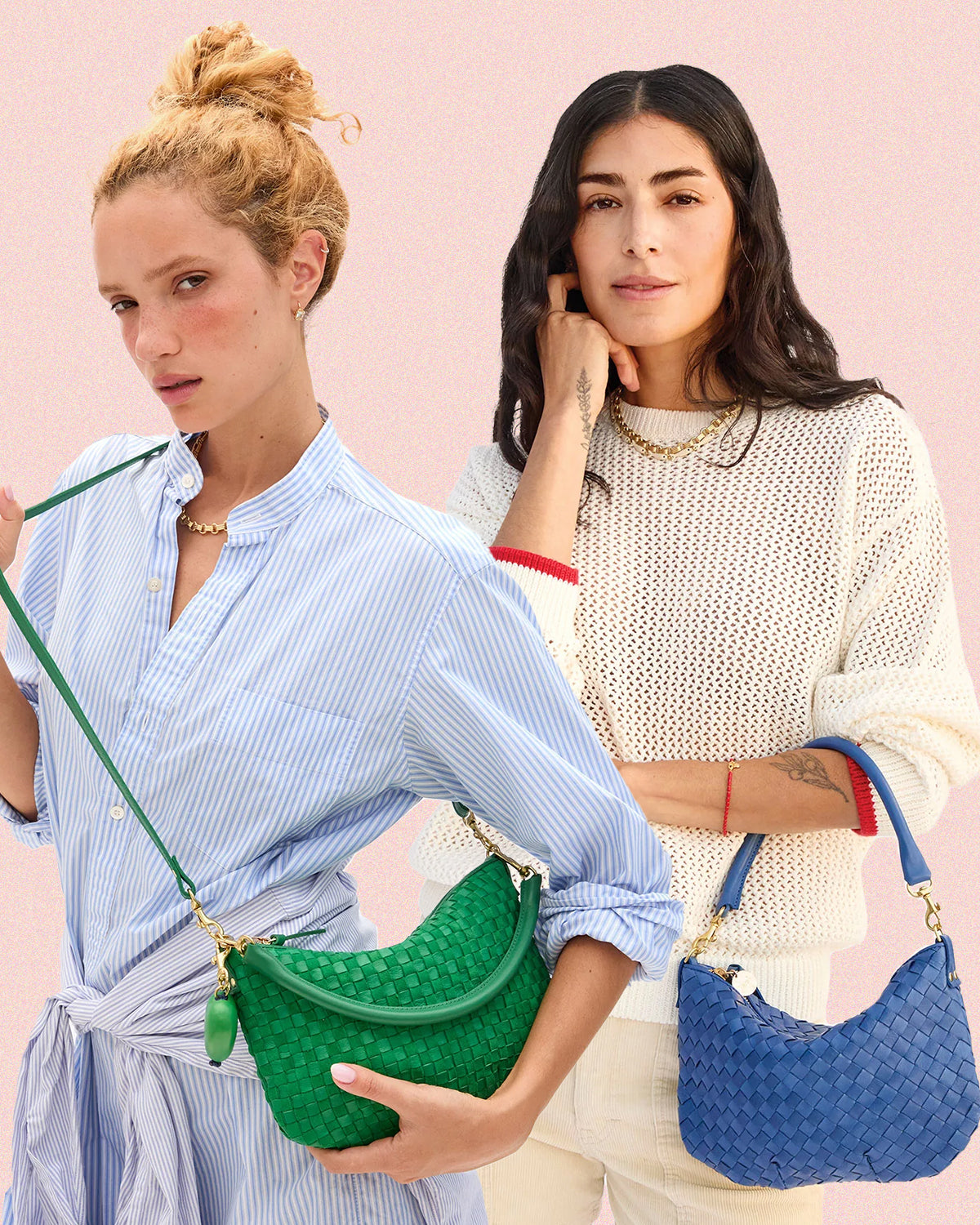 Two models carrying the Grass Woven Petit Moyen and French Blue Woven Petit Moyen.