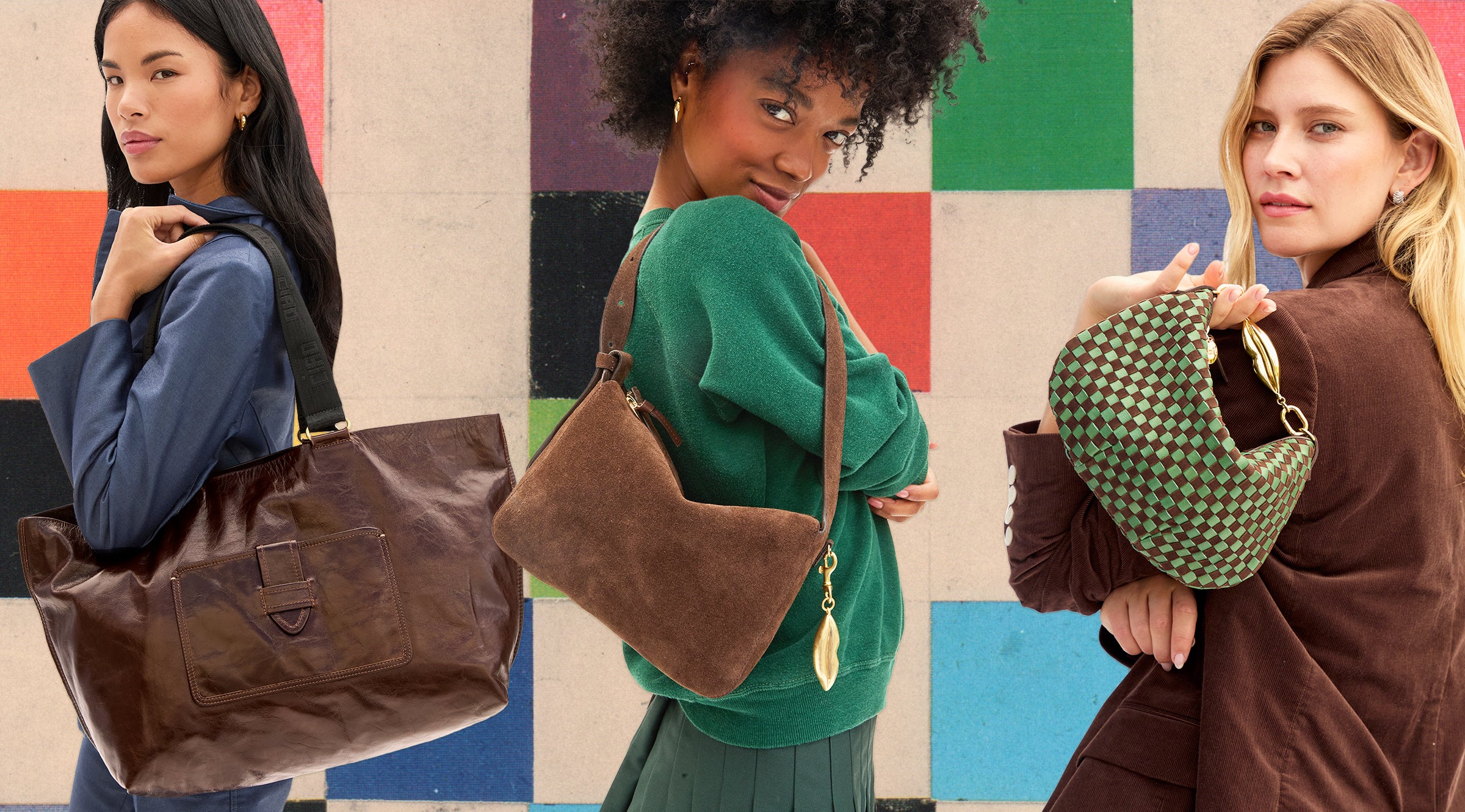 Models carrying the Mocha Grande Bateau Tote, Chocolate Fleurine, and Deep Pine/Chocolate Petit Moyen. 