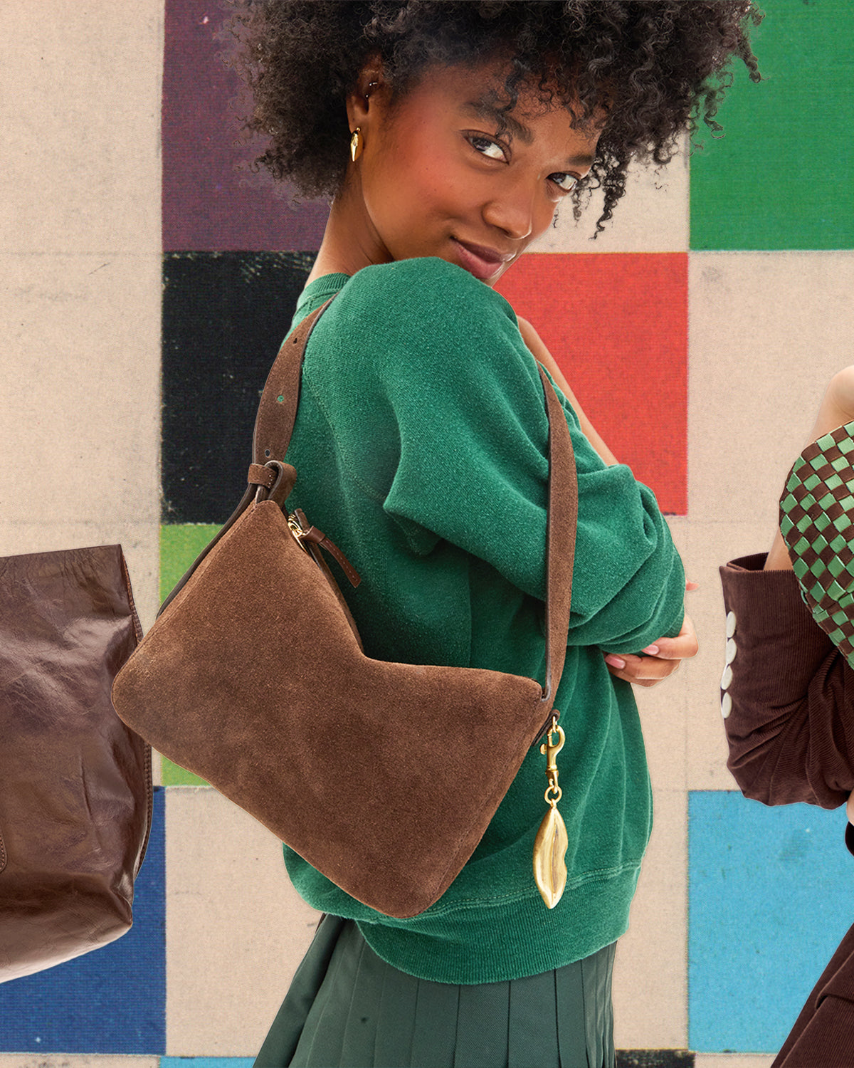 Model carrying the chocolate Fleurine with Lips Fob.