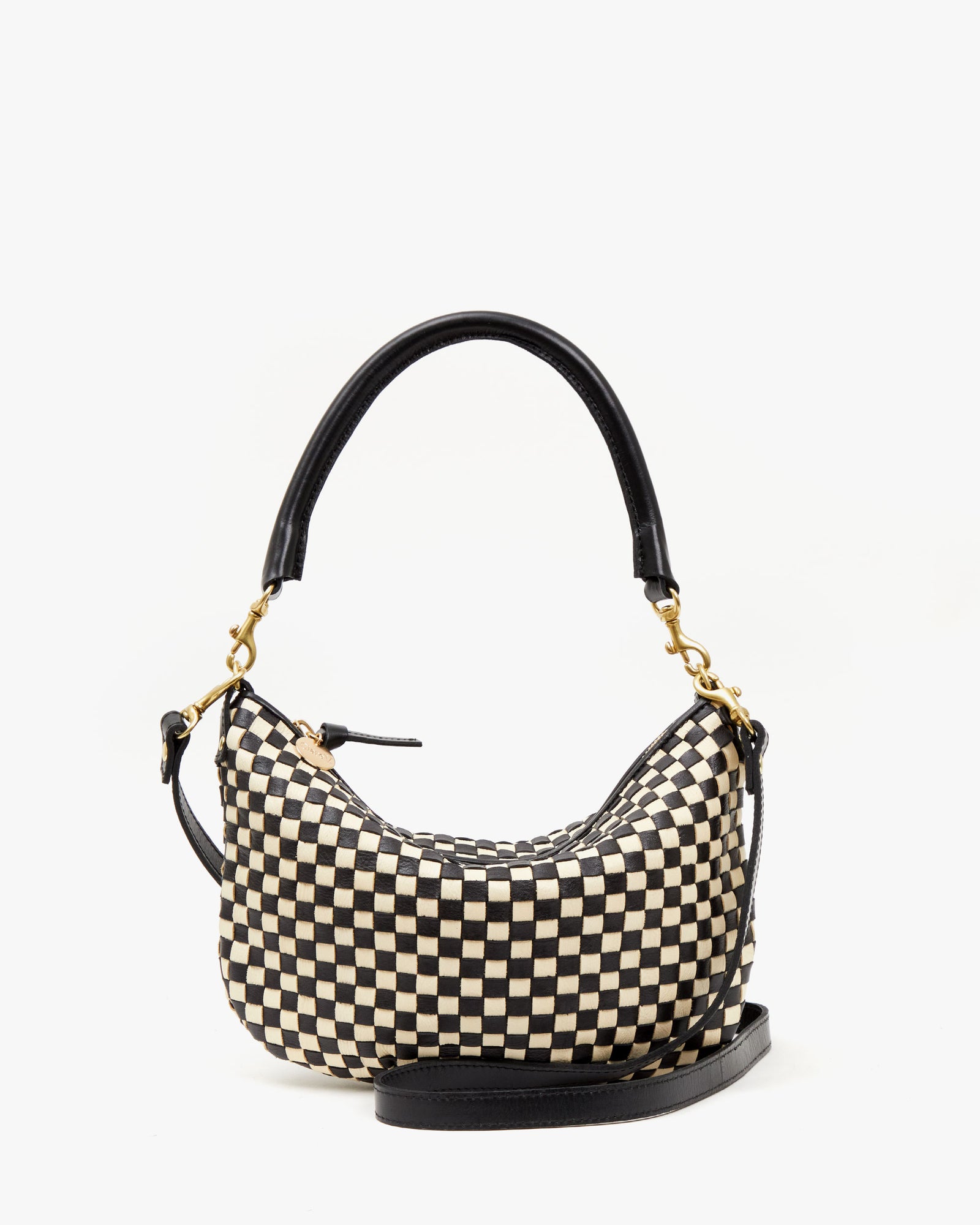 Clare V. Petit Moyen Woven Leather Messenger Bag in Black and Cream Woven Checker