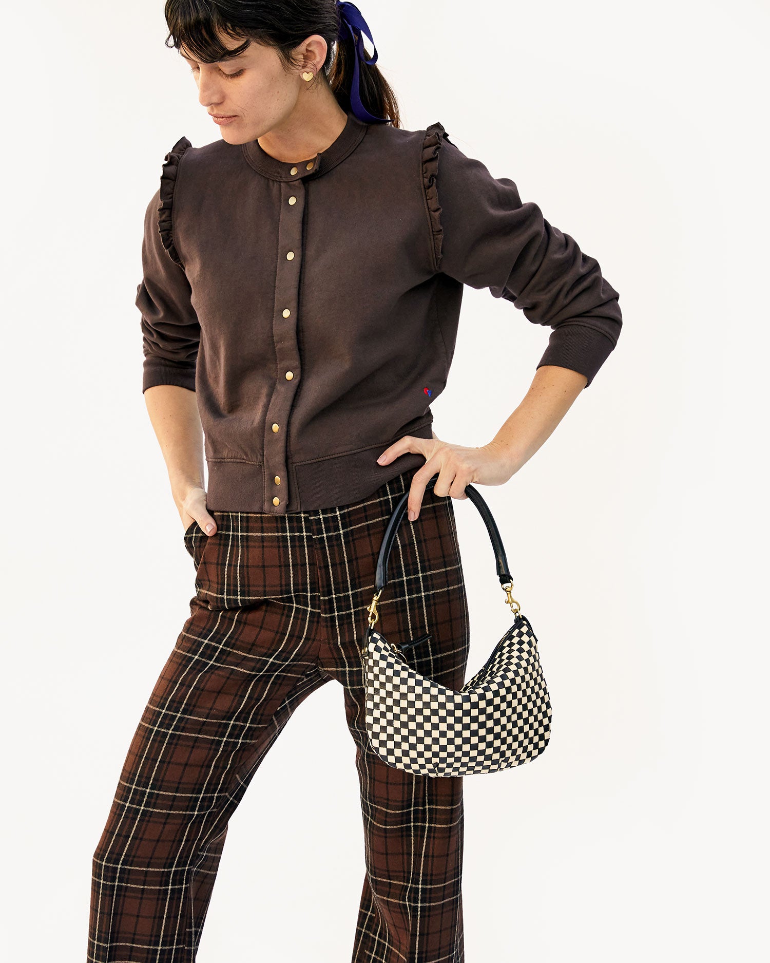 Clare V. Petit Moyen Messenger Bag in Natural Woven Checker