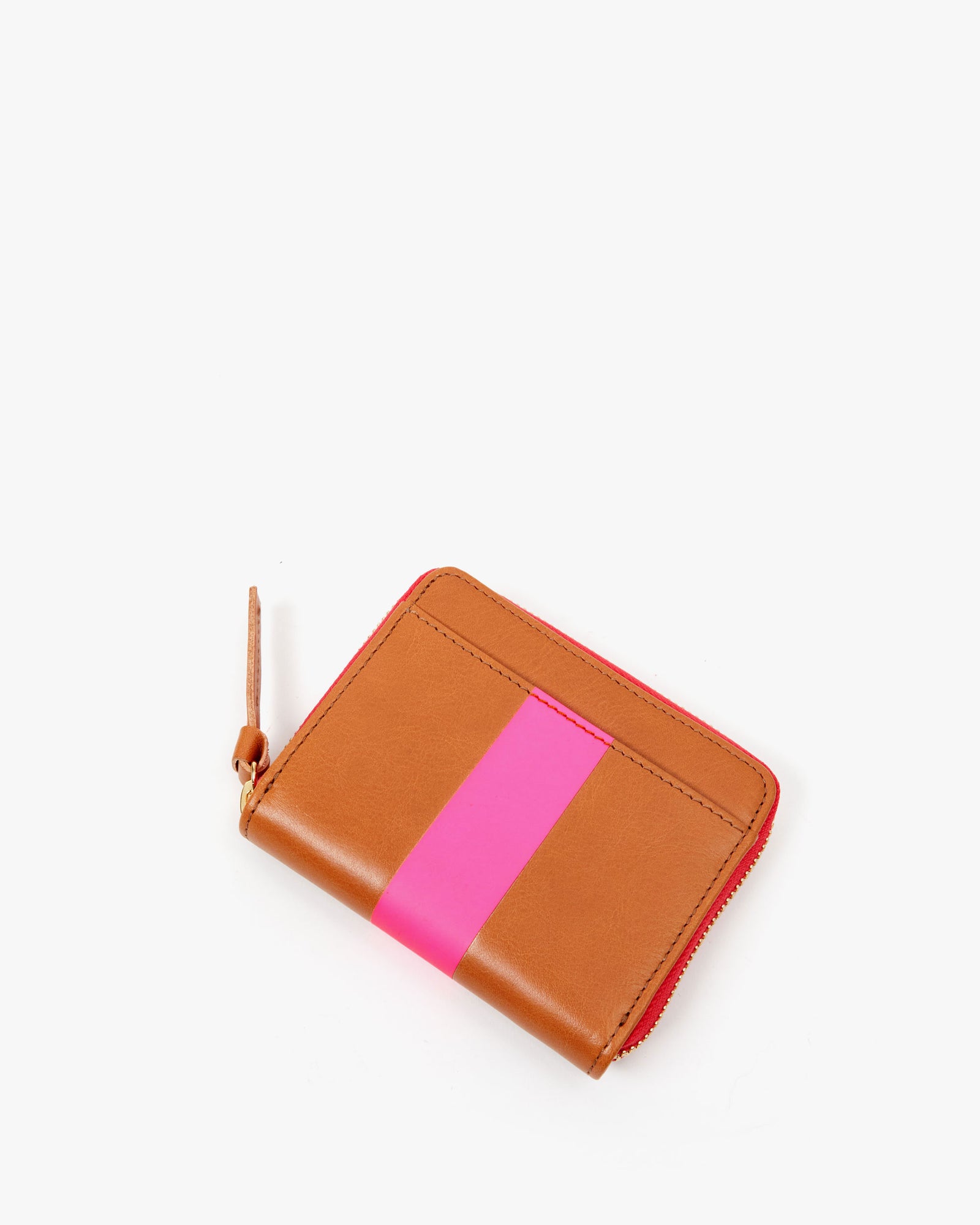 back image of the Cuoio with neon pink  stripe Petit Zip Wallet
