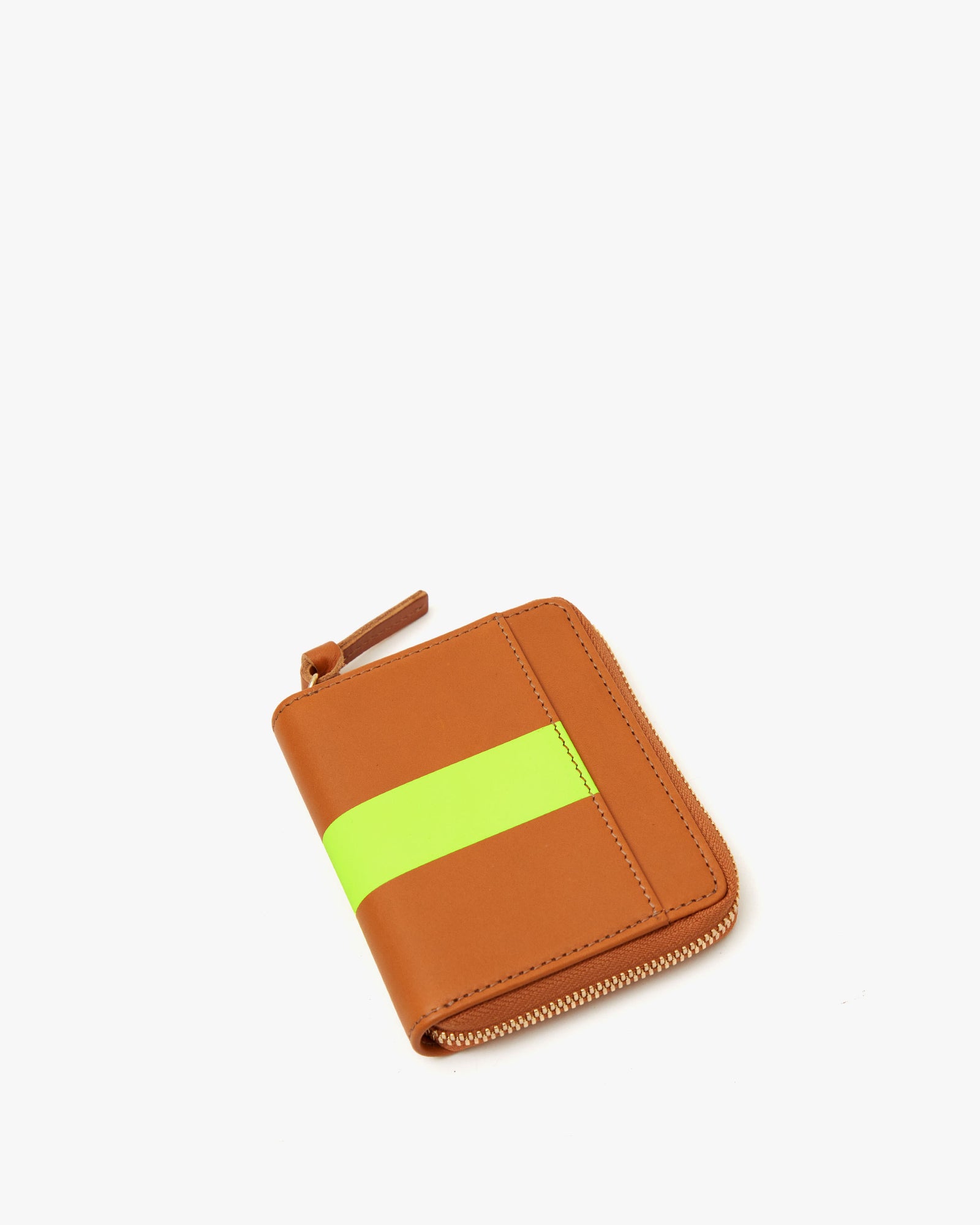 back view of the Cuoio w/ Neon Yellow Stripe Petit Zip Wallet