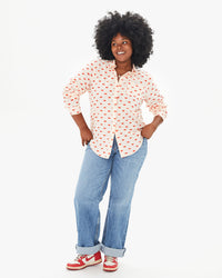Candice wearing the Blush w/ Lips Phoebe Blouse over jeans untucked