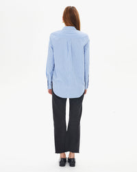 back view of aurlelia in the Blue & Cream Stripe Phoebe Blouse