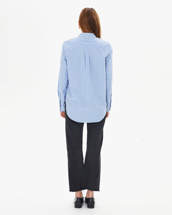 back view of aurlelia in the Blue & Cream Stripe Phoebe Blouse
