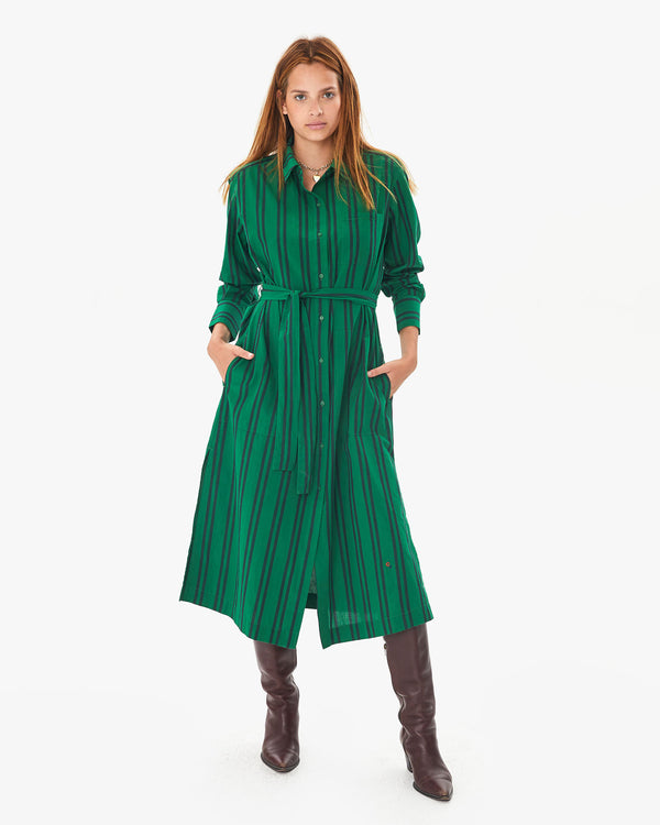 Front View of Green & Black Stripe Phoebe Dress on Aurelia 