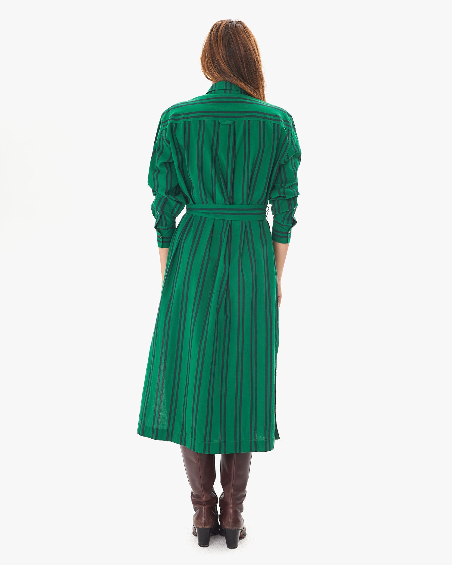 Back View of Green & Black Stripe Phoebe Dress on Aurelia 