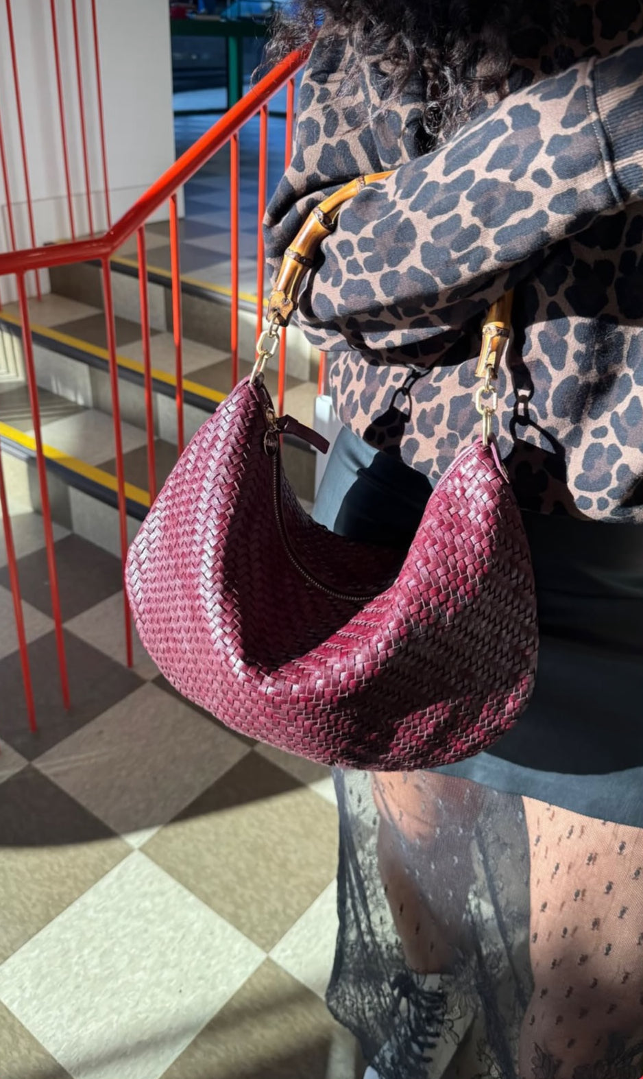 Cassis Woven Moyen Messenger with Bamboo Top Handle Strap. 