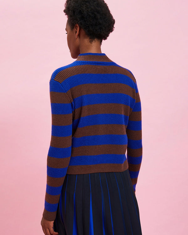 back view of the Cobalt & Brown Stripes Ribbed Turtleneck on the model