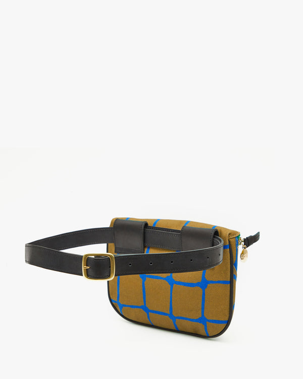 Back of the Autumn Khaki Canvas with Cobalt Net Print Fanny Pack - showing the black belt. 