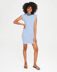 Mecca wearing the Cobalt and Cream Petit Stripe Raglan Tank Dress with flip flops and her hand on her hips