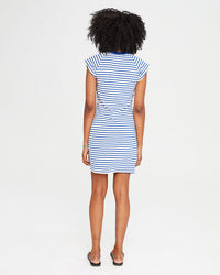 back view of mecca in the Cobalt and Cream Petit Stripe Raglan Tank Dress