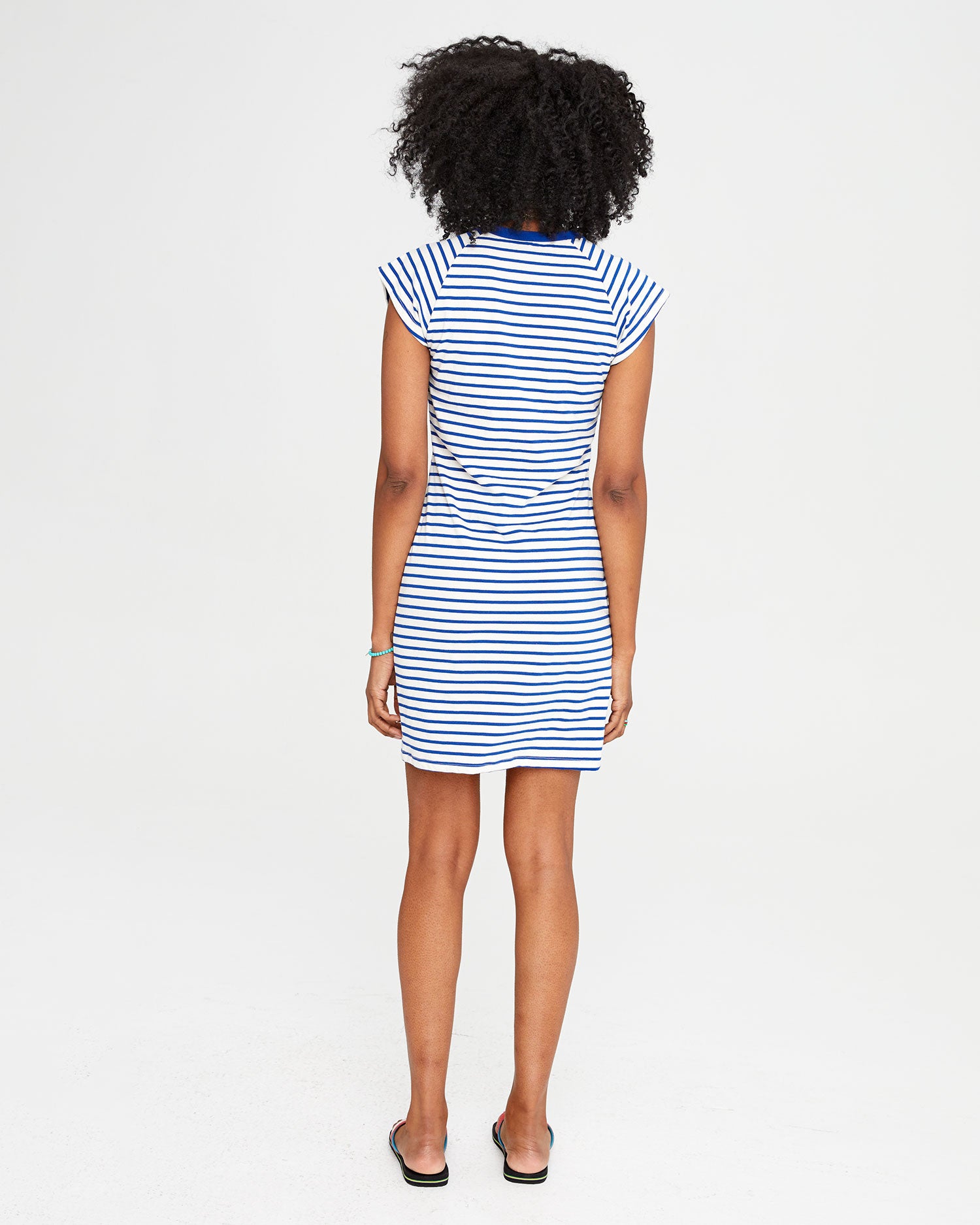 back view of mecca in the Cobalt and Cream Petit Stripe Raglan Tank Dress