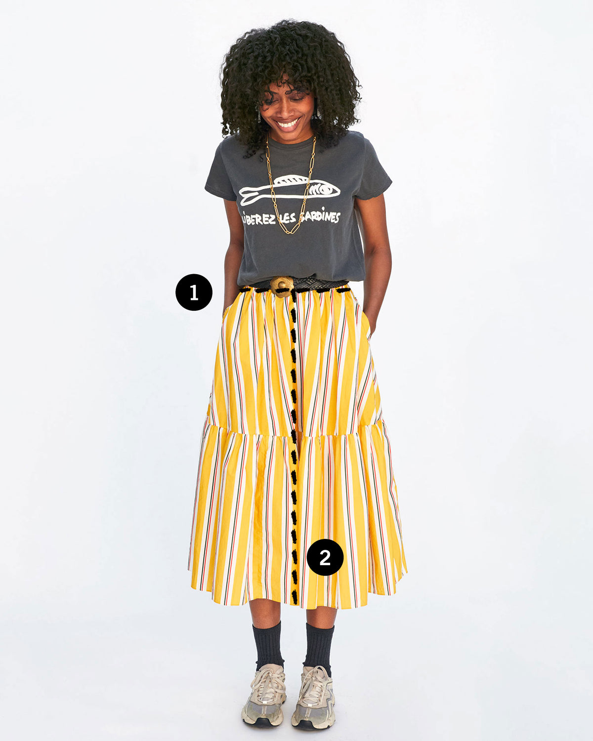 image of Mecca in a yellow skirt and a grey t-shirt with 2 lines depicting where the user should measure for their waist and length measurements in comparison to the garment