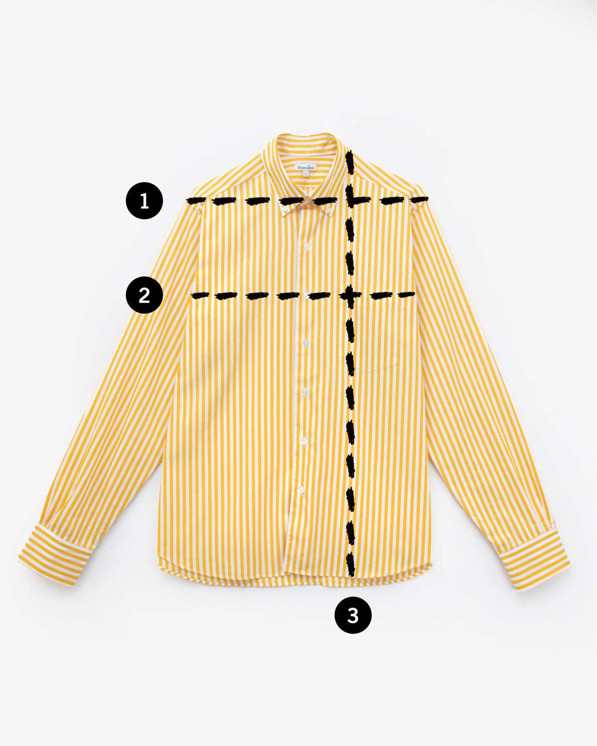 steven alan single needle shirt with lines to show how to meausre