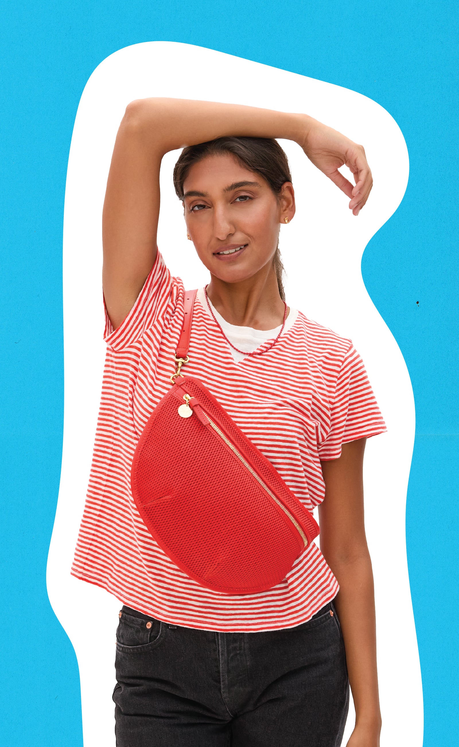 Model wearing the Bright Poppy/Cream Mini Stripe Classic Tee with Bright Poppy Diamond Perf Grande Fanny.