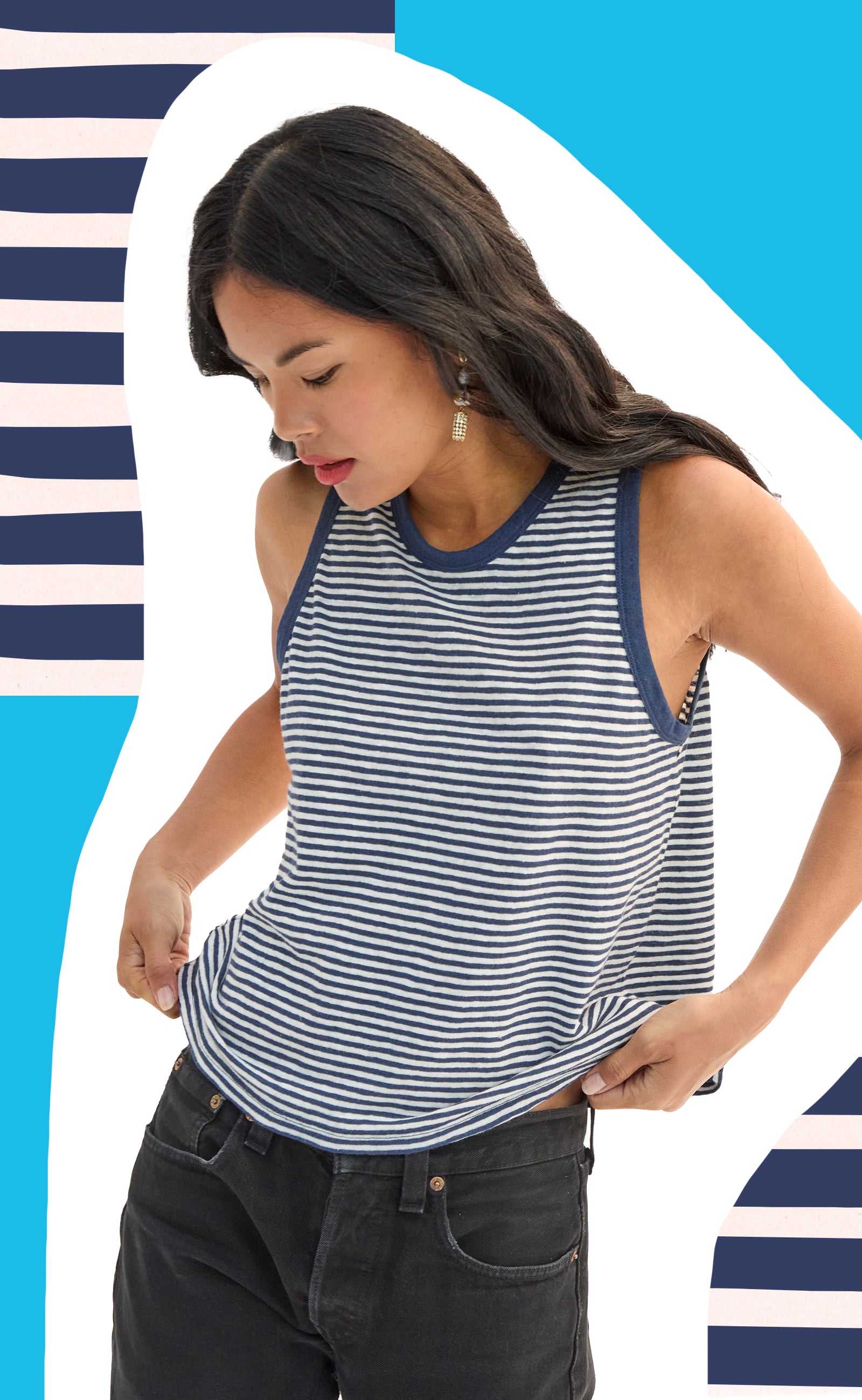 Model wearing the Navy/Cream Mini Stripe Camp Fit Tank with Black Jeans.