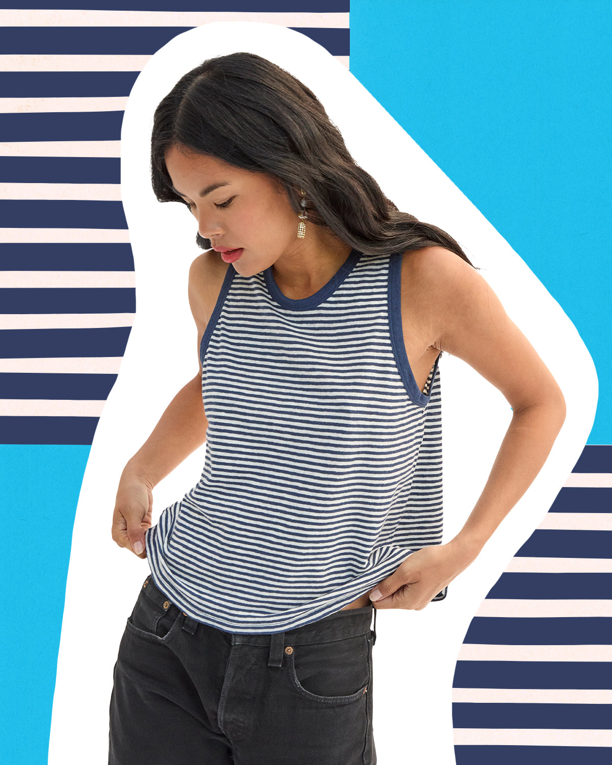 Model wearing the Navy/Cream Mini Stripe Camp Fit Tank with Black Jeans.