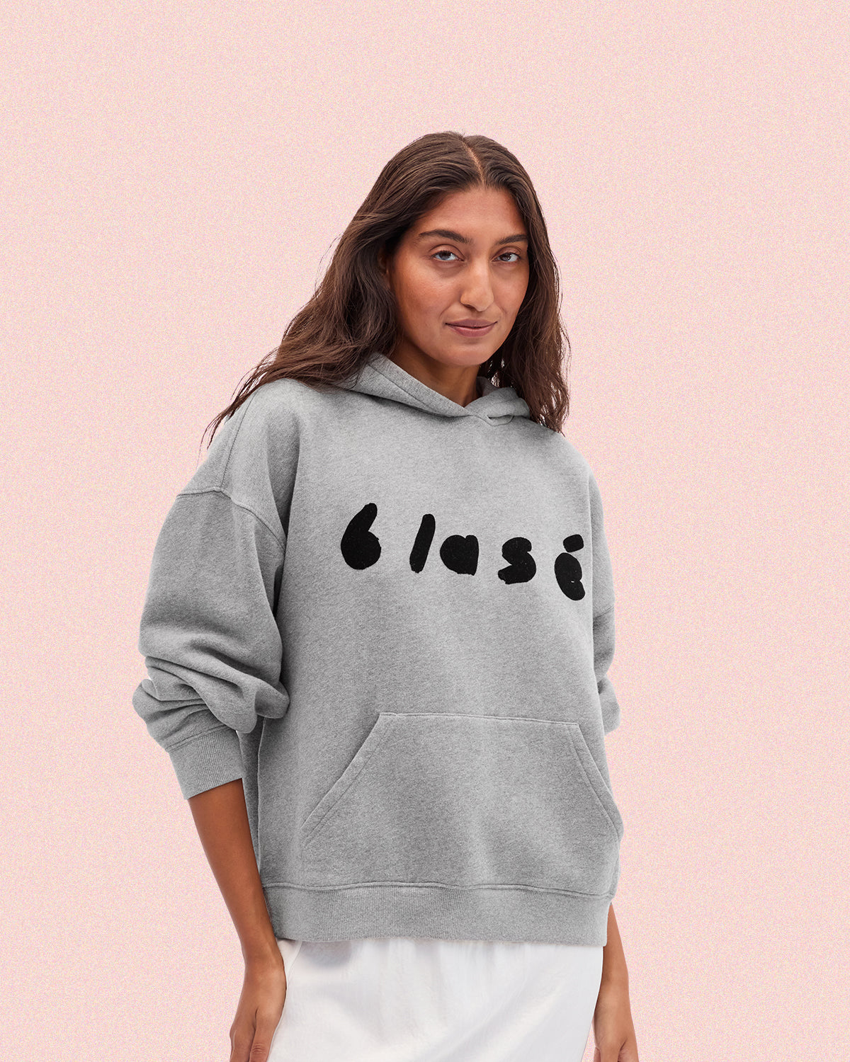 Model wearing the Grey Blasé Le Boxy Hoodie.