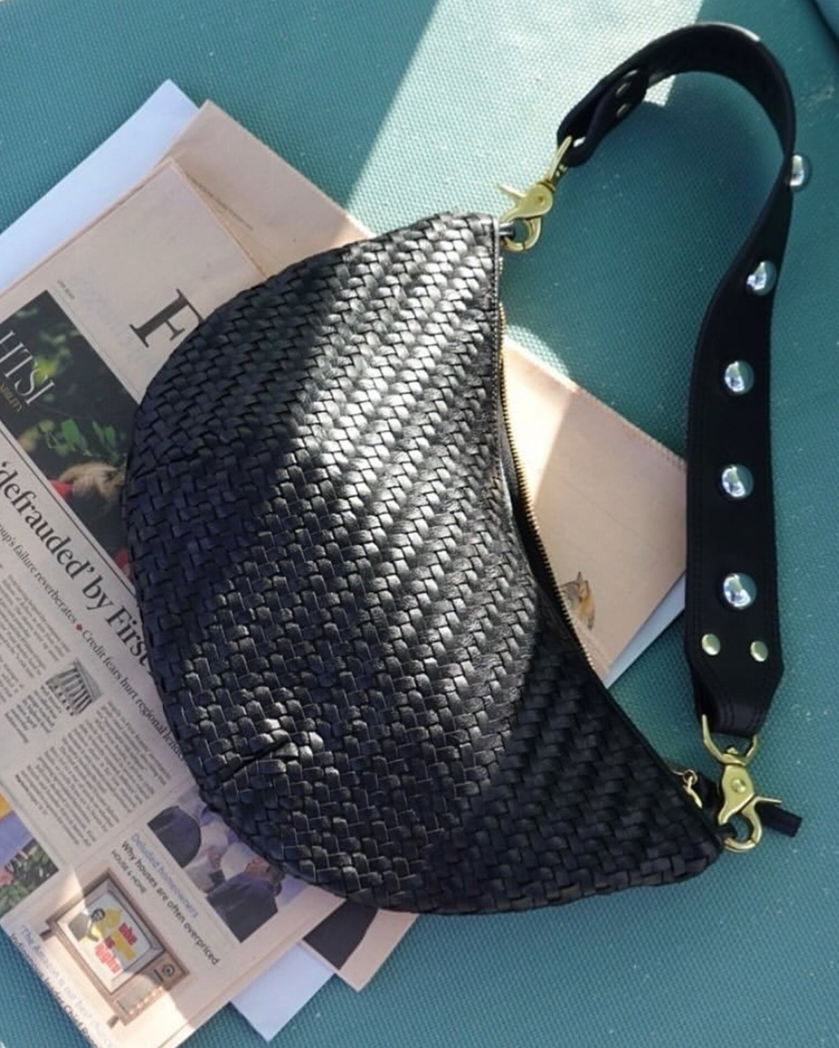 Black Woven Zig Zag Lune with Studded Shoulder Strap.