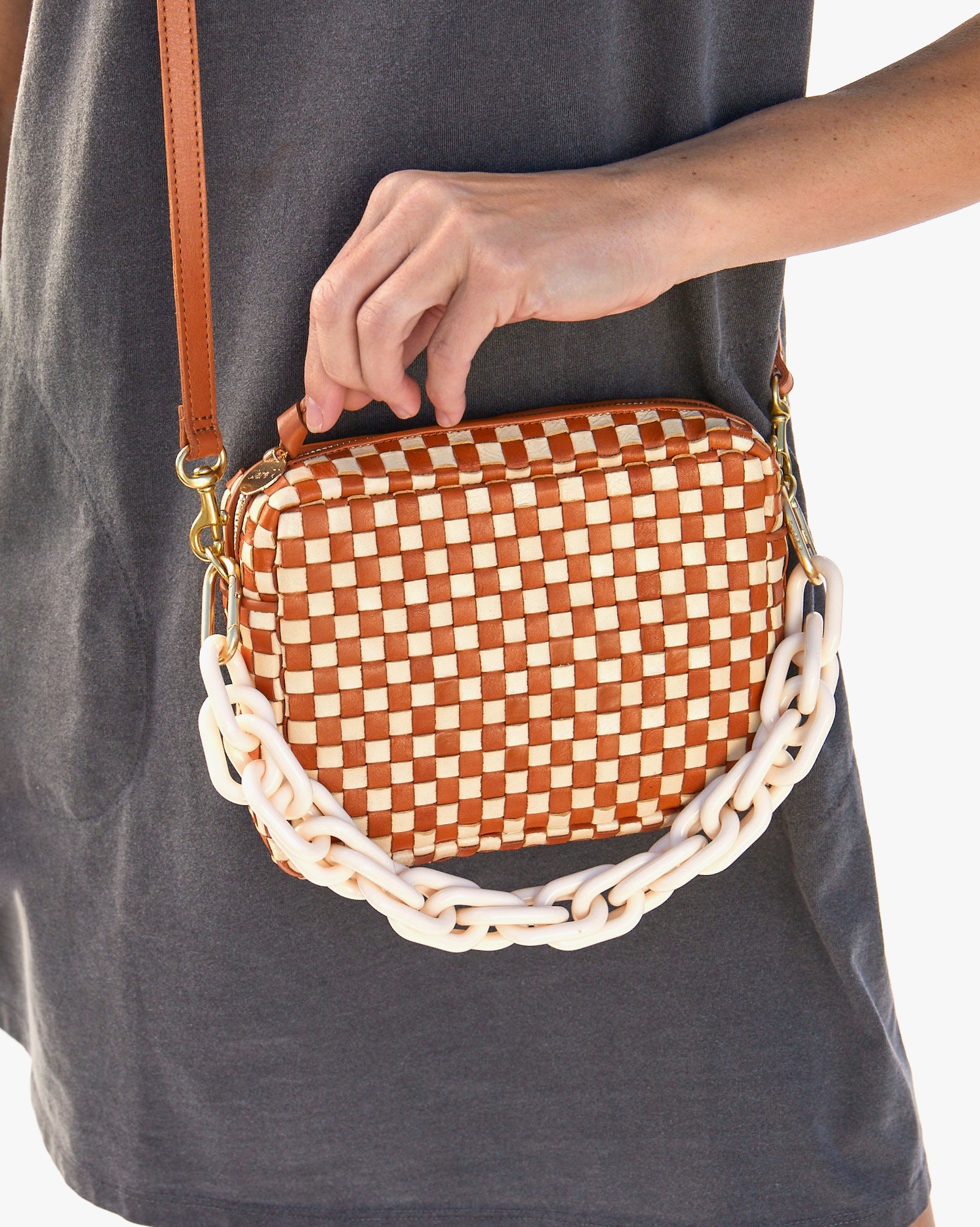 Clare V. Midi Sac Natural & Cream Woven Checker