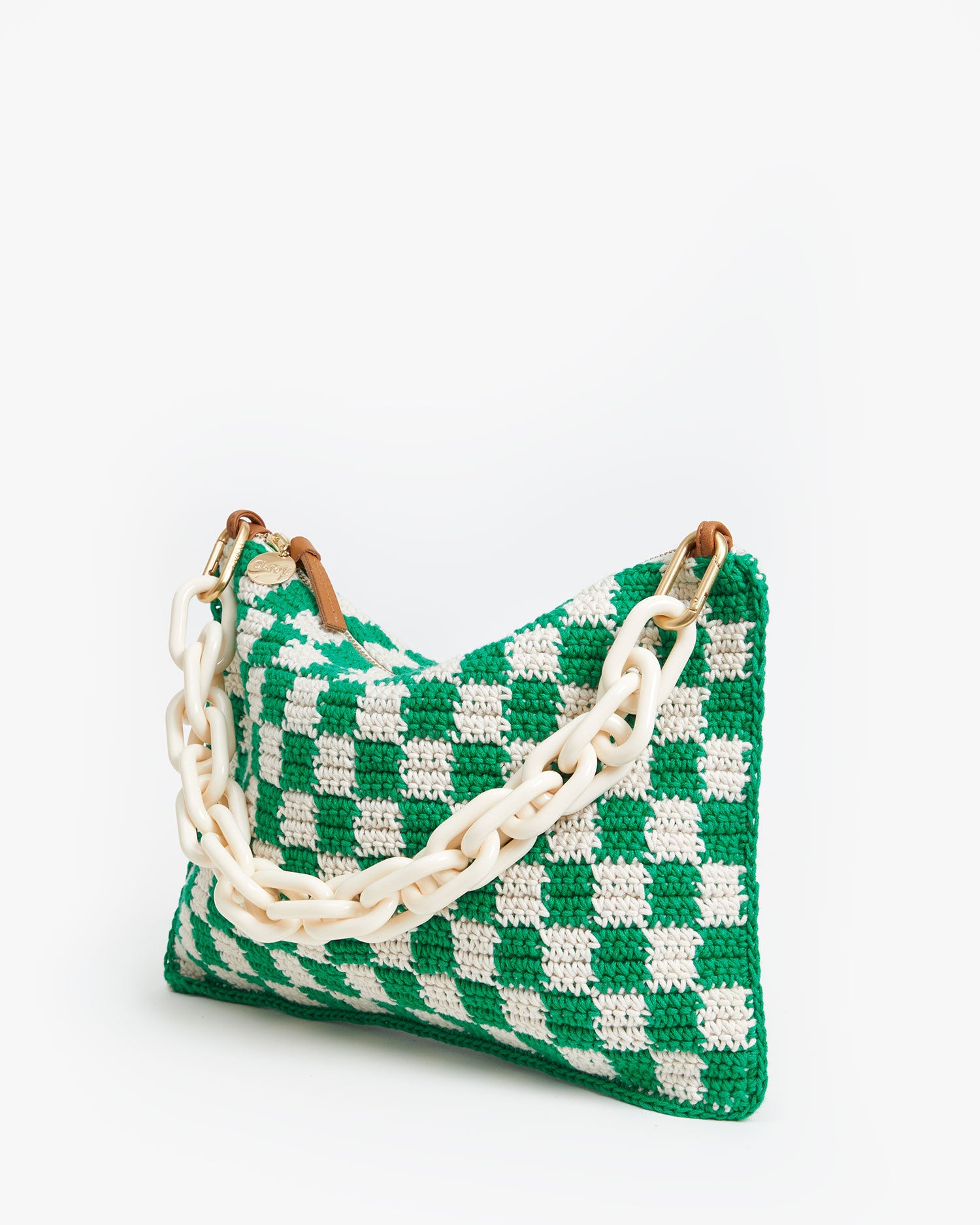 Clare V. Summer Flat Clutch with Tabs Sea Green & Cream Crochet Checker