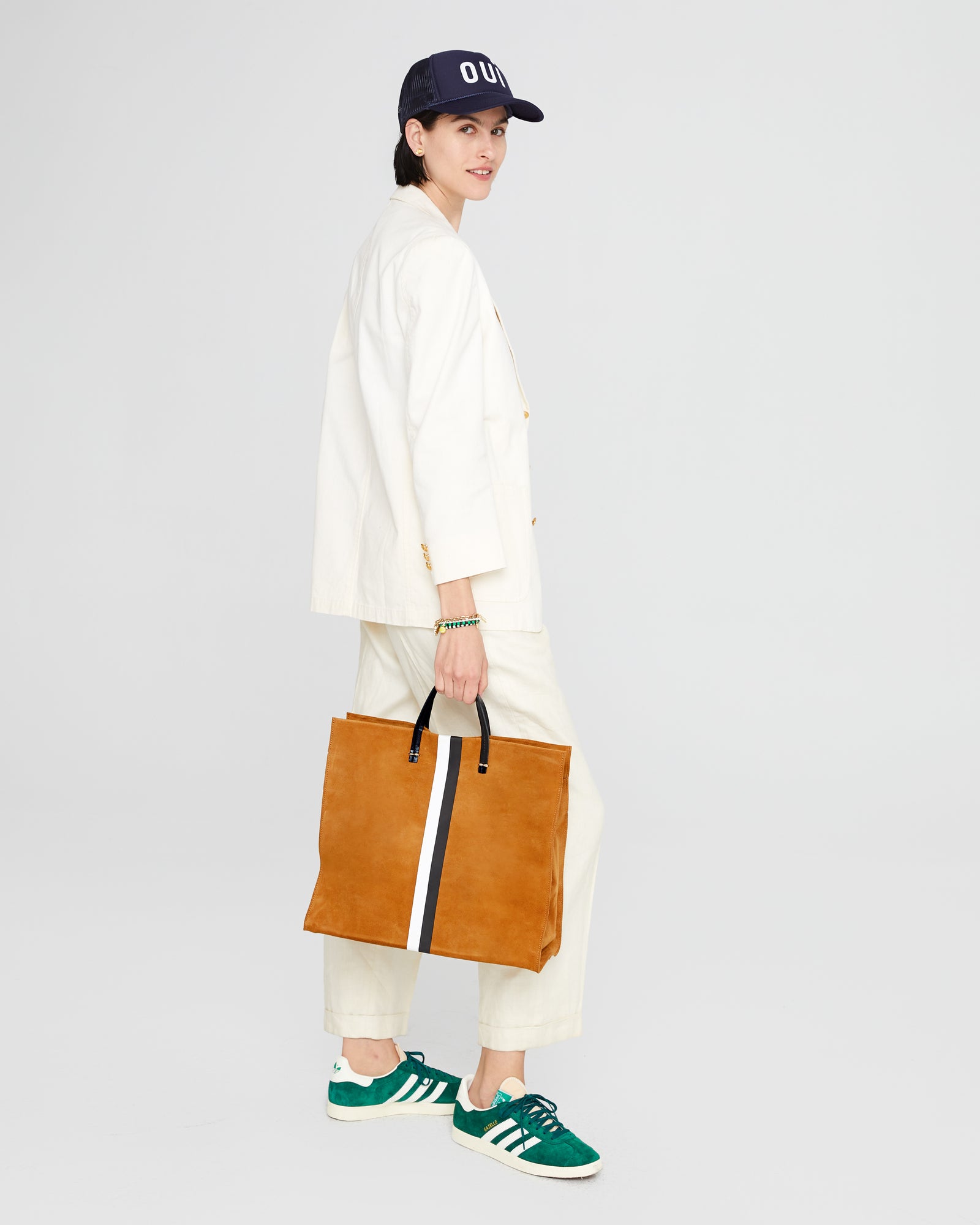Simple Tote Camel Suede with Black White Stripes
