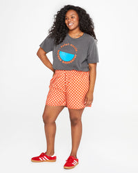 candice wearing the  original tee faded black with bright poppy st calais blue maison bourgneuf with our poppy and khaki checkered st martin shorts