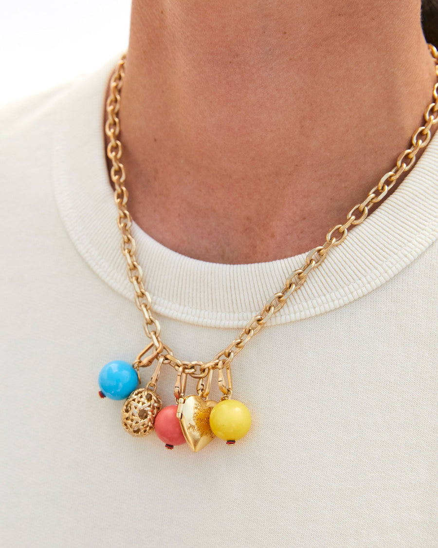 Vintage Gold Rattan Egg Charm Shown on the Charm Chain Necklace with the Turquoise Stone Bead Charm, Pink Stone Bead Charm,  CV x EMC Heart Locket Charm, and the Yellow Stone Bead Charm