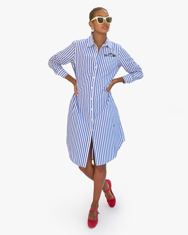 Jordan in the Blue & Cream Stripe w/ Sardine Suzette Dress with her hands on her hips