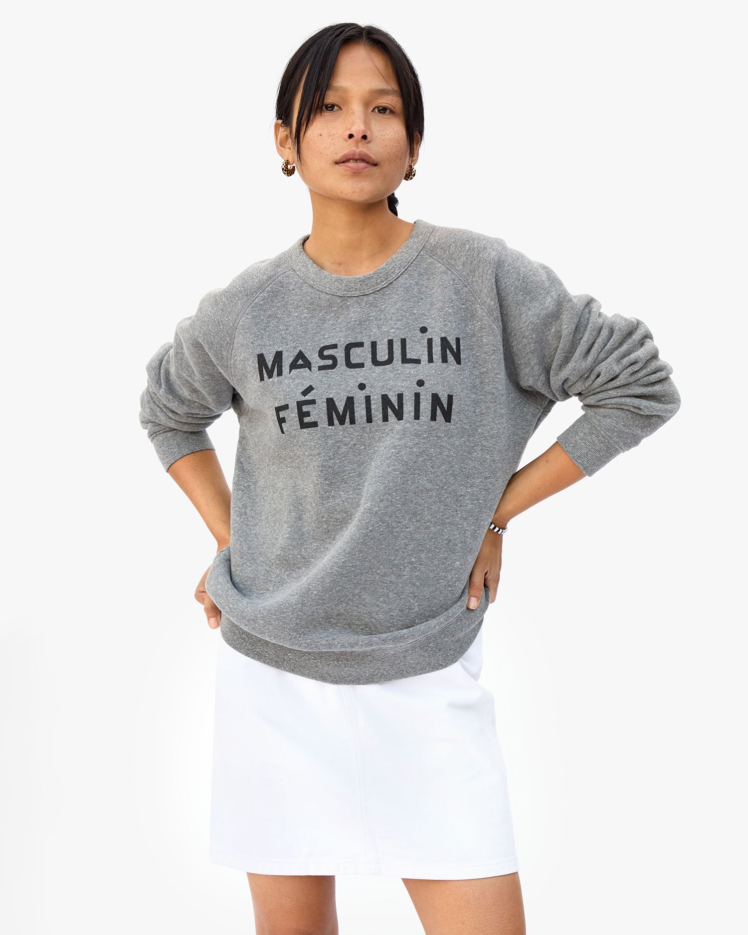 Close Up View of Maly wearing the Masculin Féminin Sweatshirt