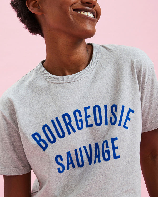 Model wearing the Grey w/ Cobalt Bourgeoisie Sauvage Tee