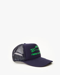 side view of the Navy Liberez Les Sardines Trucker Hat