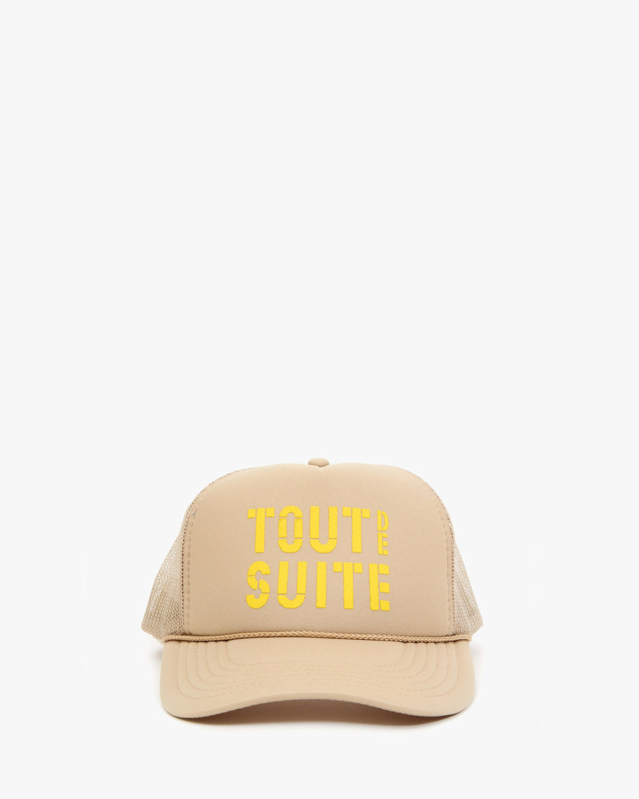 Khaki with Citron printed text reading  'TOUT De SUITE'  on the front Trucker Hat. 