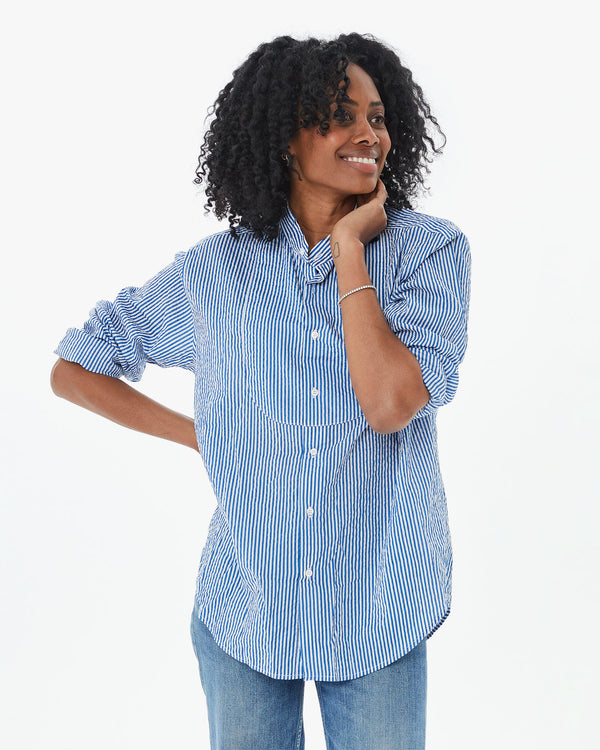 Mecca wearing the Steven Alan Tux Shirt In Blue and Cream Stripe with jeans