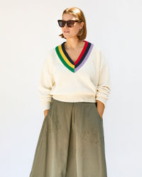 Sonnie wearing the Cream w/ Multi Stripe Varsity Sweater with the Anais Midi Skirt
