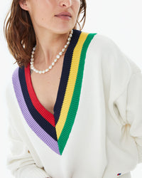 Close up of the neckline on the Cream w/ Multi Stripe Varsity Sweater worn by Zoe