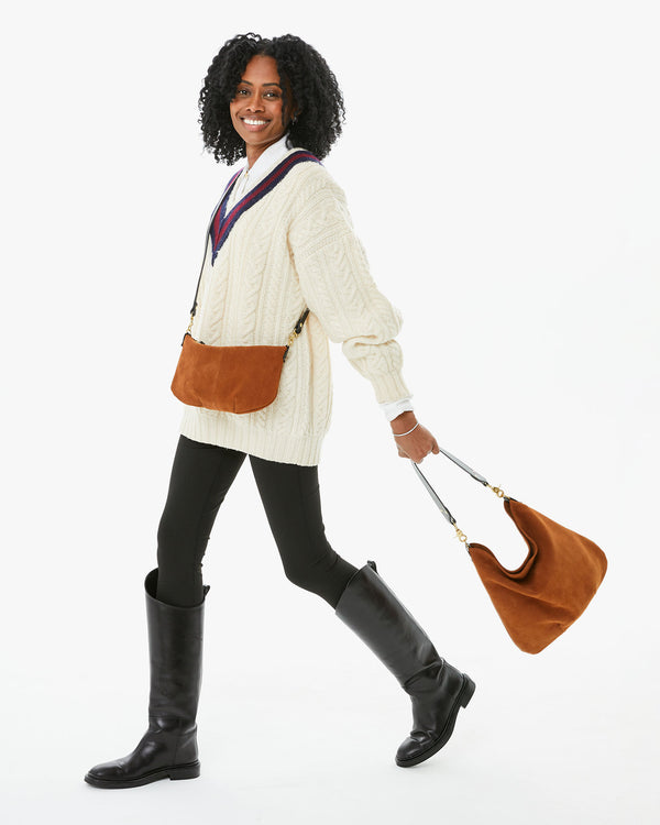 Mecca wearing the chestnut suede petit moyen and the Chestnut Suede Veronique