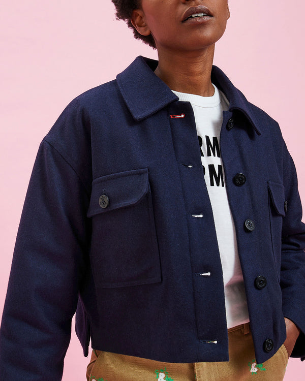 Model wearing the Navy Wool Coat