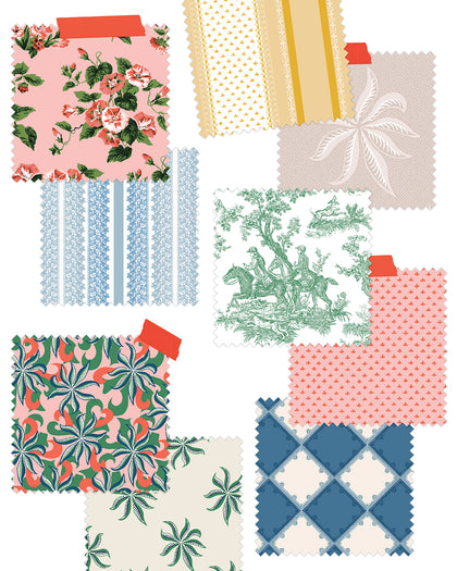 Swatches of Clare V. x Wallshoppe wallpaper spread on a white background. 